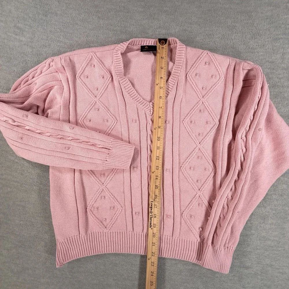 Vintage Liz‎ Sport Floral Pink Pearls Cable Knit Sweater Cottage Core Sweater M